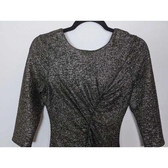 ZARA S Metallic Draped Long Sleeve Dress Runched Gathered Waist Front Slit Bold - Picture 8 of 16
